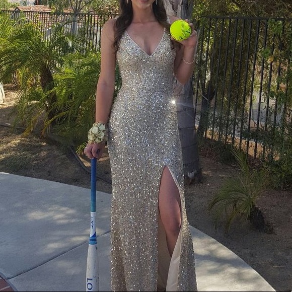 Long, gold sequin prom dress
